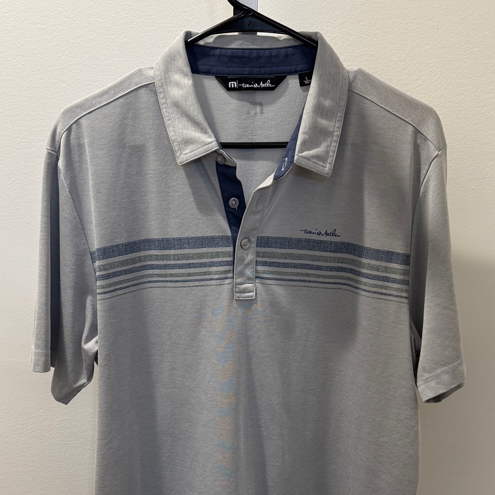 Travis Mathew Gray Polo Shirt  Blue Stripes Golf Polo Men Size L